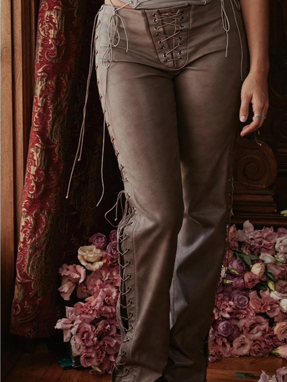 House of CB Taupe Lace-Up Suede Boot-Cut Pants